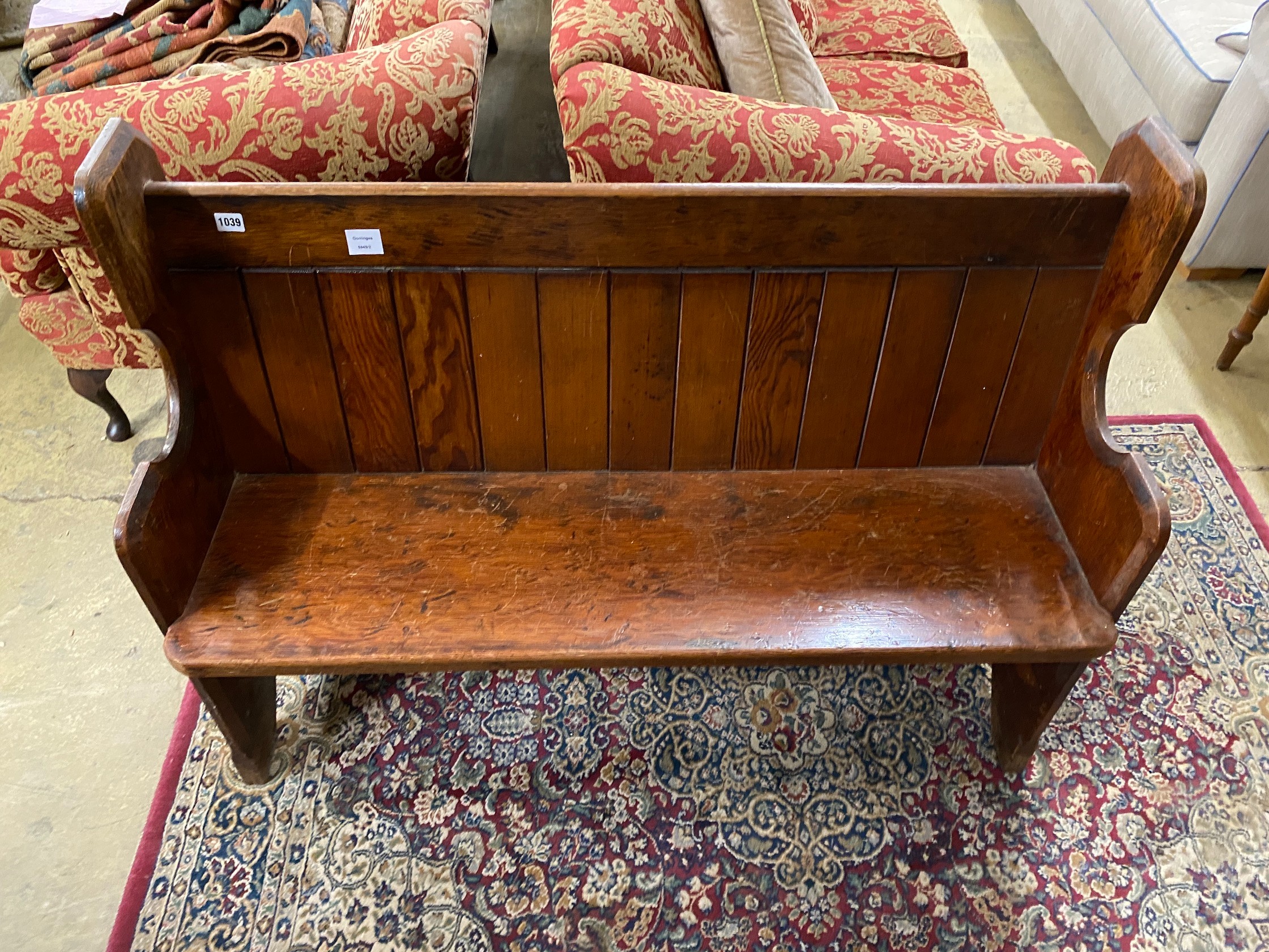 A Victorian pitch pine pew, length 120cm, depth 49cm, height 89cm